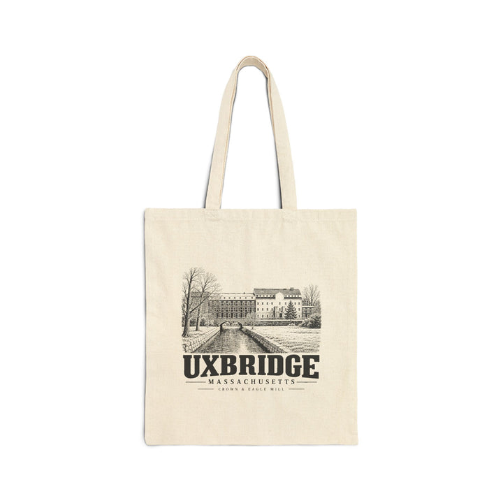 Natural canvas tote with Uxbridge Crown & Eagle Mill artwork, front view