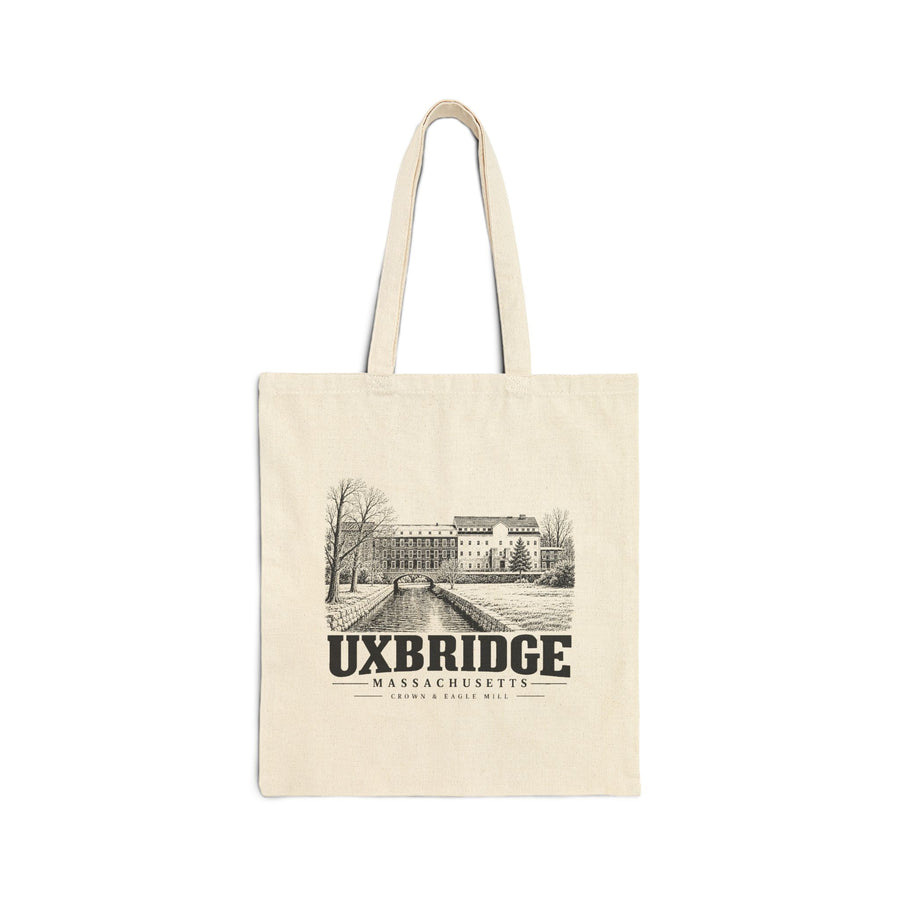 Natural canvas tote with Uxbridge Crown & Eagle Mill artwork, front view