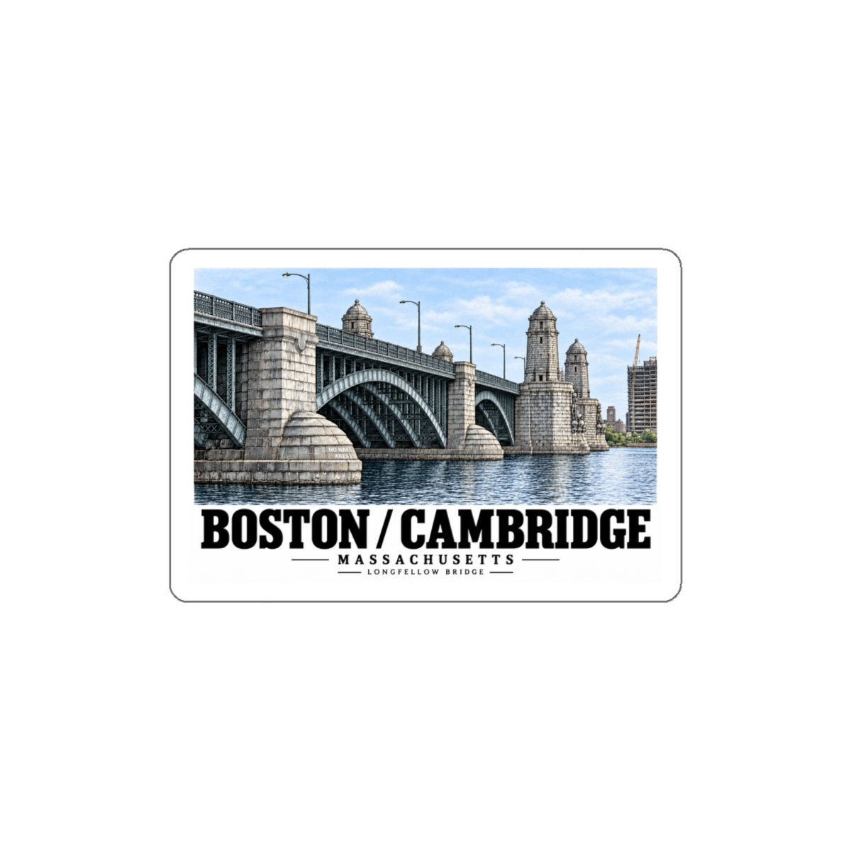 White-bordered sticker showing Longfellow Bridge piers and towers with Boston/Cambridge lettering