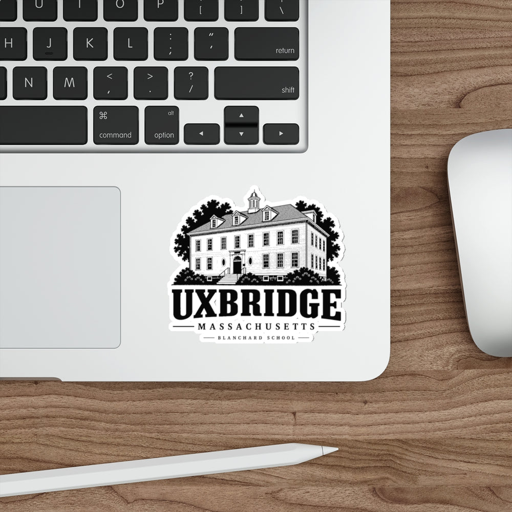 Uxbridge Blanchard School die-cut sticker applied to a laptop