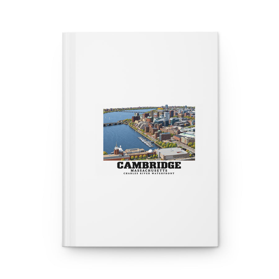 White hardcover journal with Cambridge Charles River waterfront aerial city view artwork and Cambridge lettering