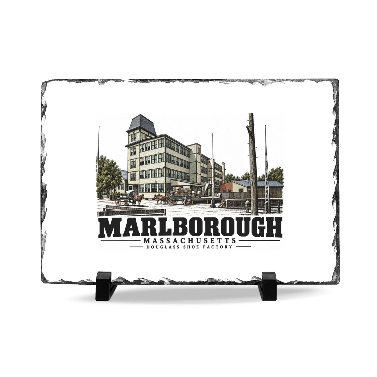 Illustrated Douglass Shoe Factory in Marlborough on slate desk plaque