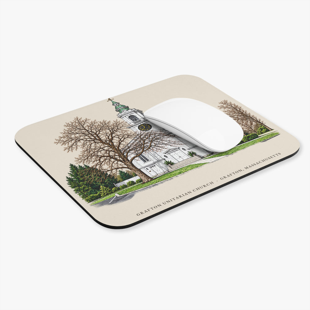 Grafton Unitarian Church at Grafton Common mouse pad mockup showing the full illustrated print