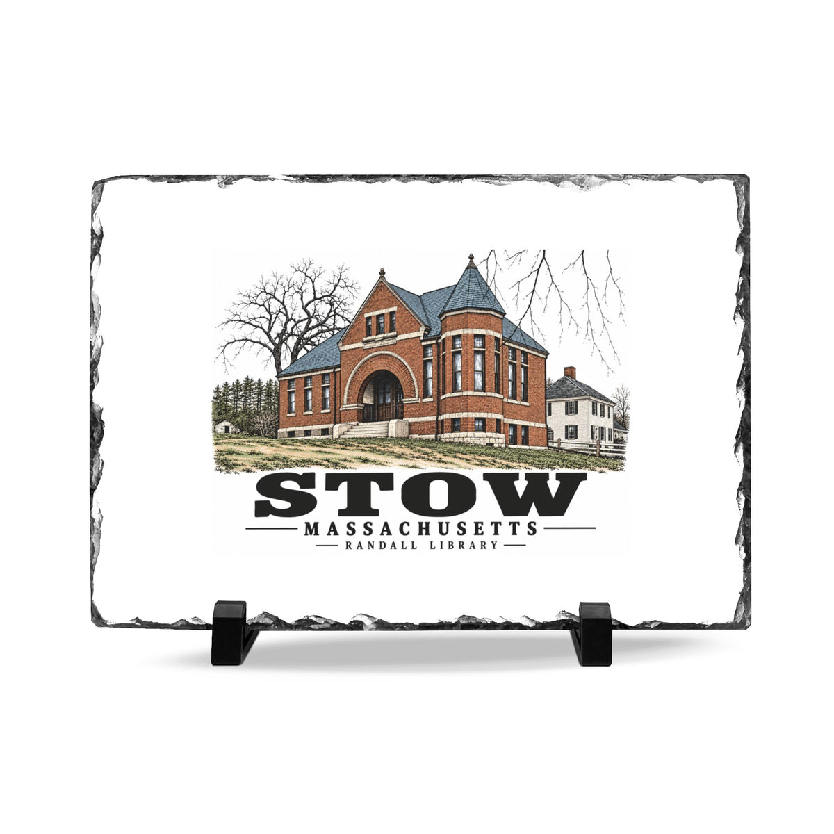 Illustrated Randall Library in Stow on slate desk plaque