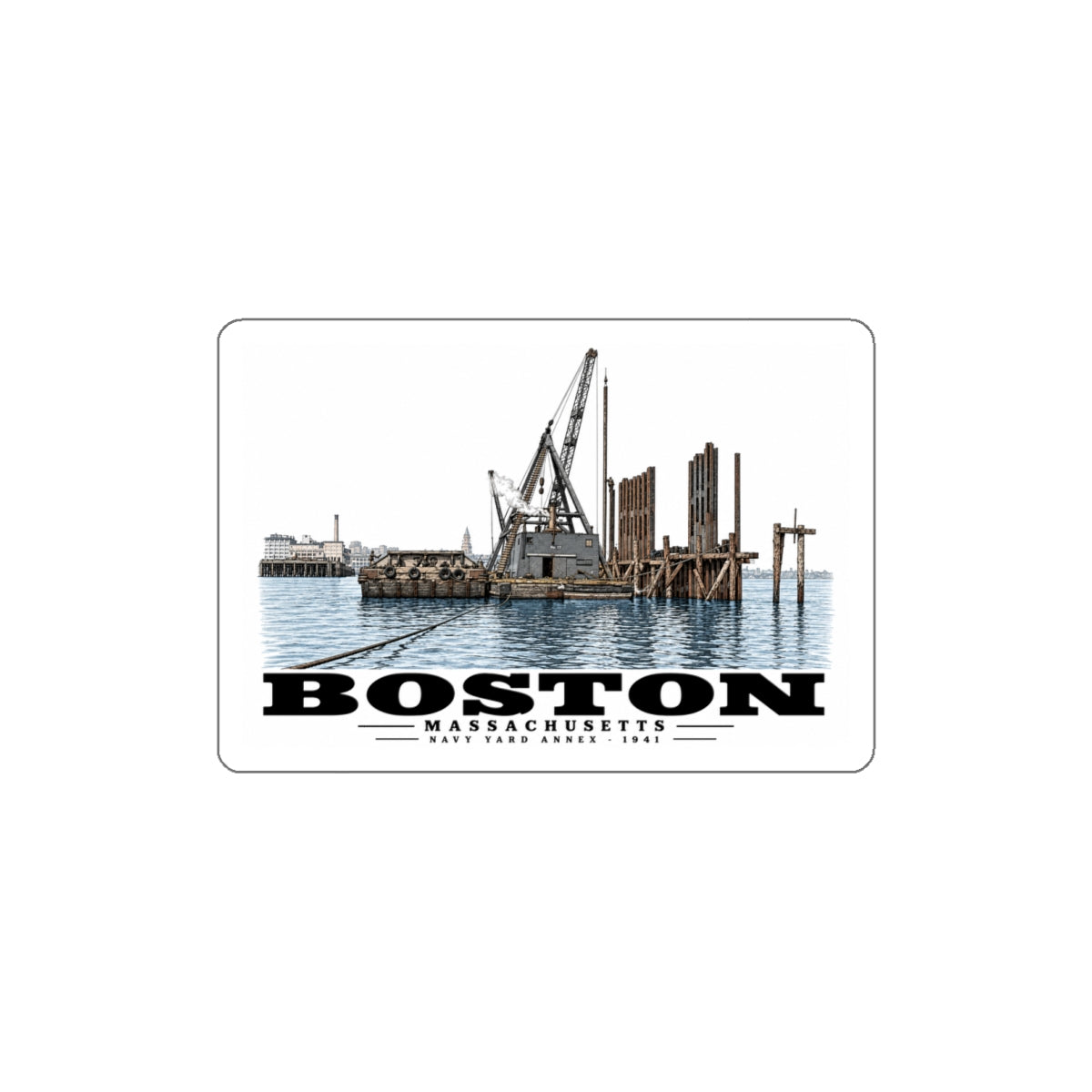 View from water of Navy Yard Annex/Dry Dock 4 in White Die-Cut Sticker - Boston Harbor