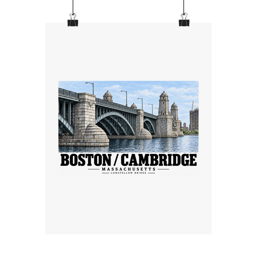 Hanging poster with Longfellow Bridge artwork and Boston/Cambridge lettering.