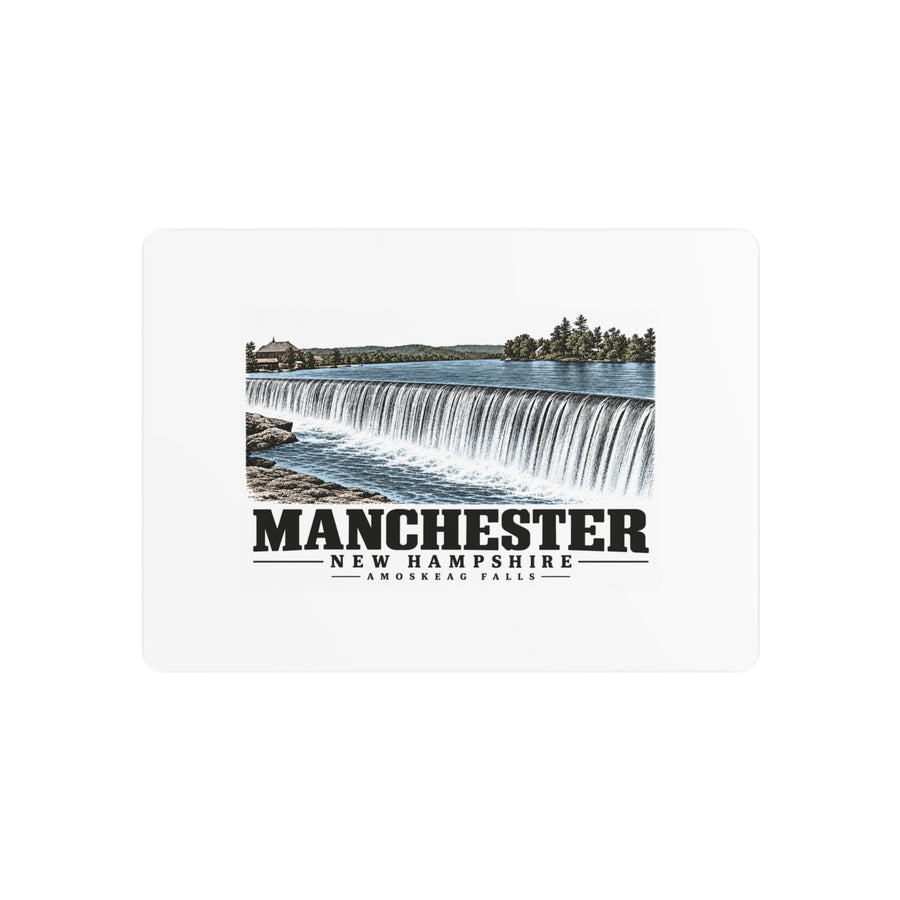 Front of Amoskeag Falls metal wall art, with Manchester, New Hampshire artwork and lettering.