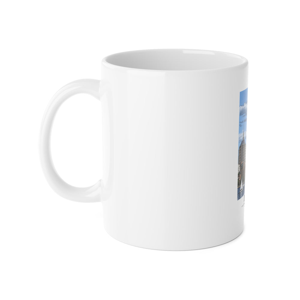 Illustrated Boston, Massachusetts, from the Charles River in Boston and Cambridge on ceramic mug