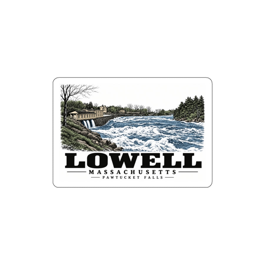 Front of Pawtucket Falls white die-cut sticker, with Lowell, Massachusetts artwork and lettering.