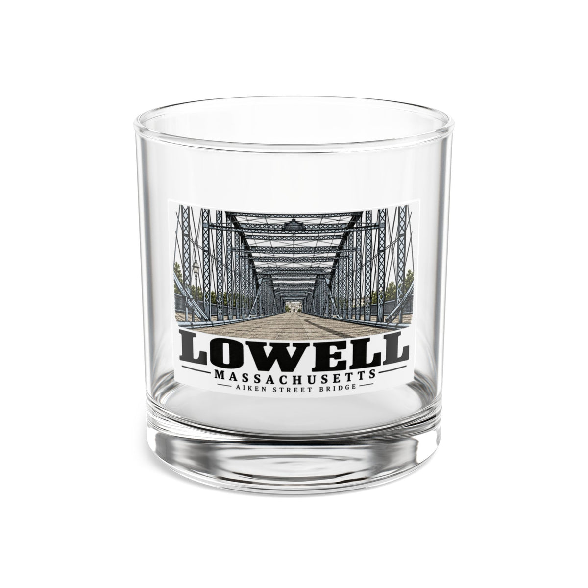 Front of Aiken Street Bridge rocks glass, with Lowell, Massachusetts artwork and lettering.