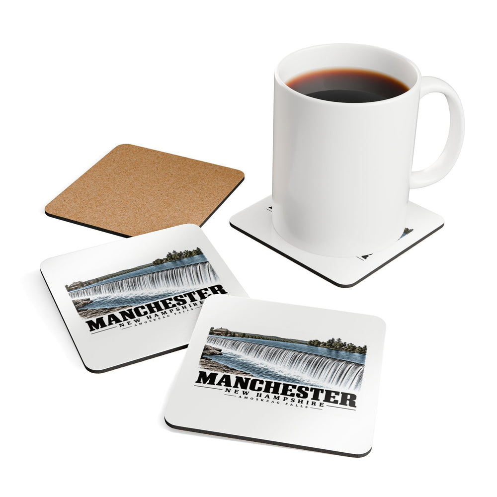 Tabletop display with drinkware props of Amoskeag Falls cork-backed coaster set of four, with Manchester, New Hampshire artwork and lettering.