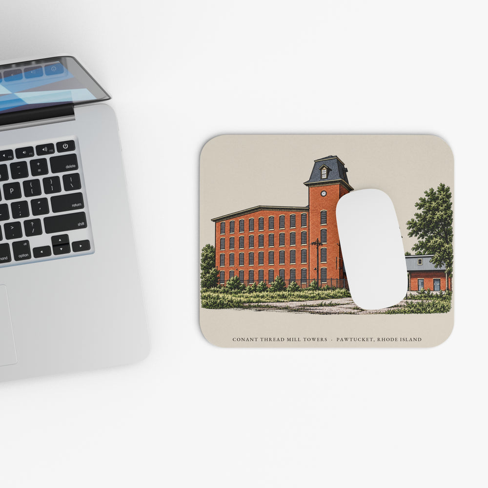 Pawtucket Conant Thread Mill Towers, Pawtucket Side mouse pad mockup showing the full illustrated print