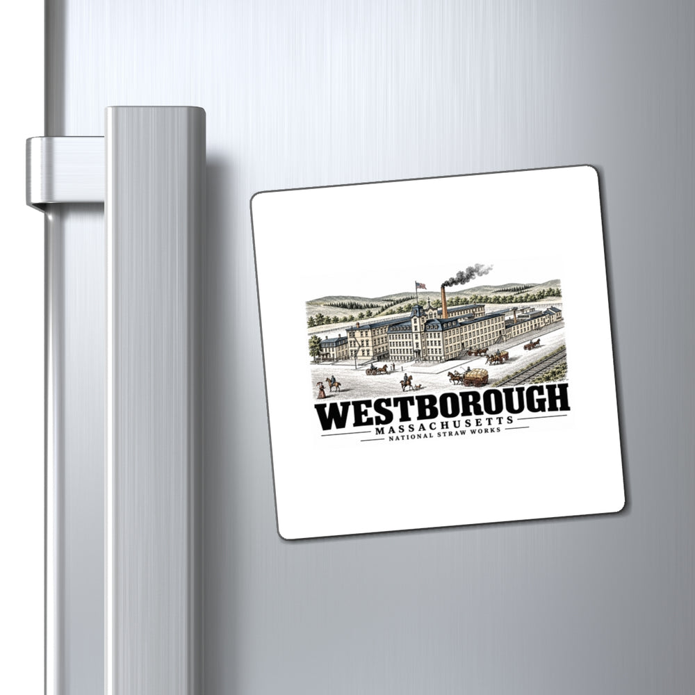 Illustrated National Straw Works in Westborough on square magnet