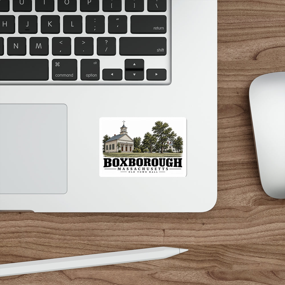 Illustrated Old Town Hall in Boxborough on die-cut sticker