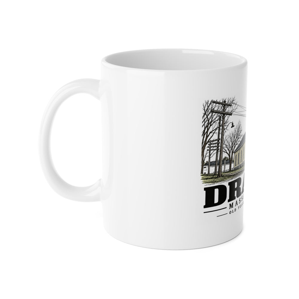 Left-handle side view of Old Yellow Meeting House white ceramic mug, Dracut, Massachusetts.