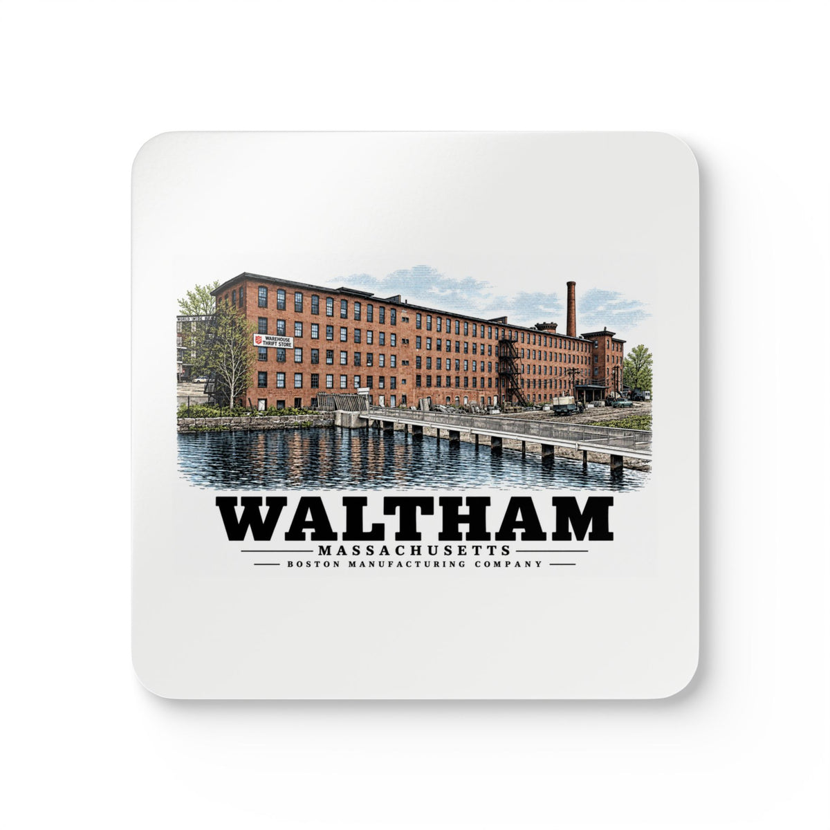Illustrated Boston Manufacturing Company in Waltham on corkwood coaster set