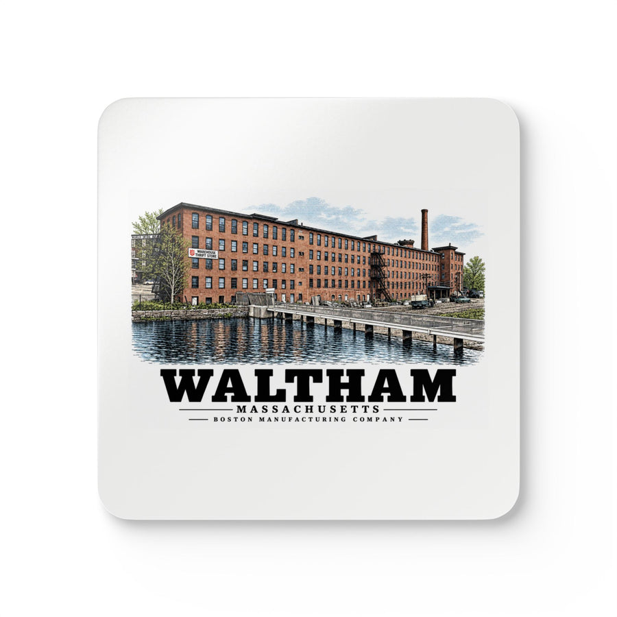Illustrated Boston Manufacturing Company in Waltham on corkwood coaster set