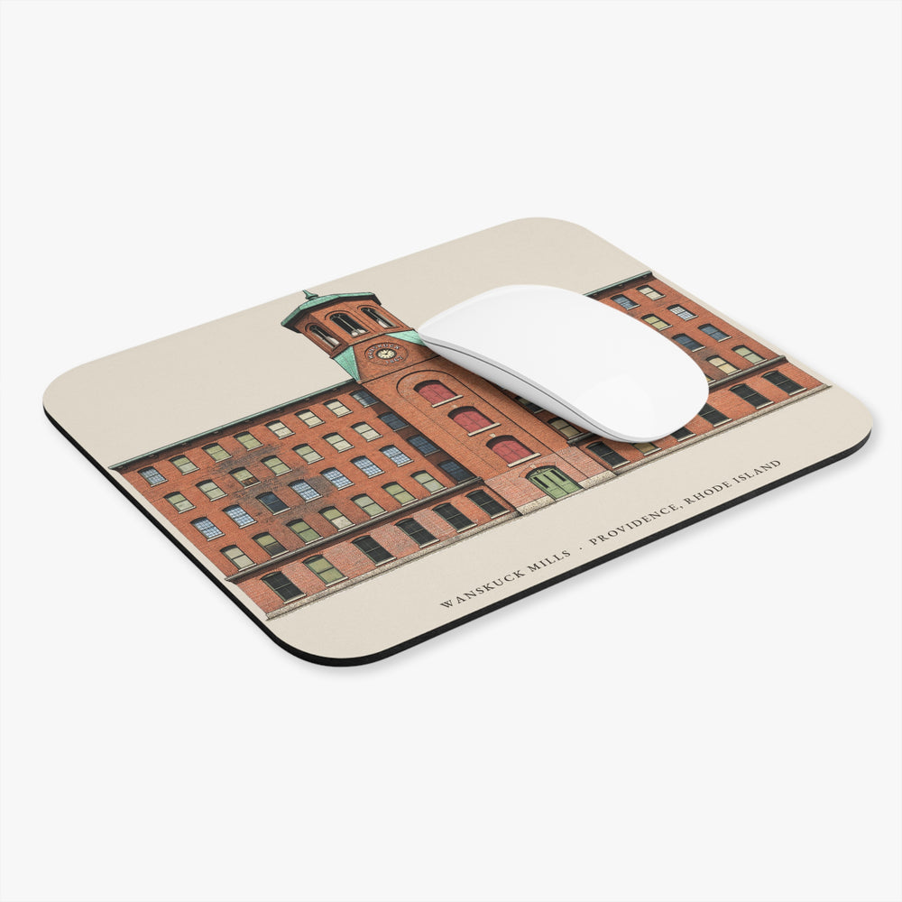 Providence Wanskuck Mills mouse pad mockup showing the full illustrated print
