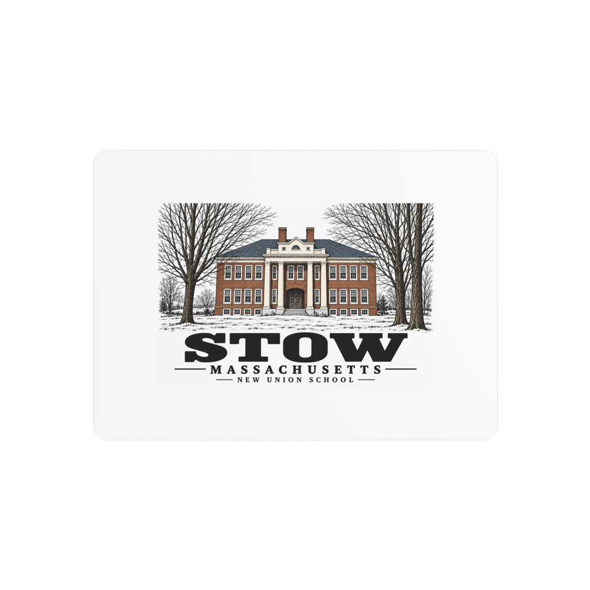 Illustrated New Union School in Stow on metal art sign