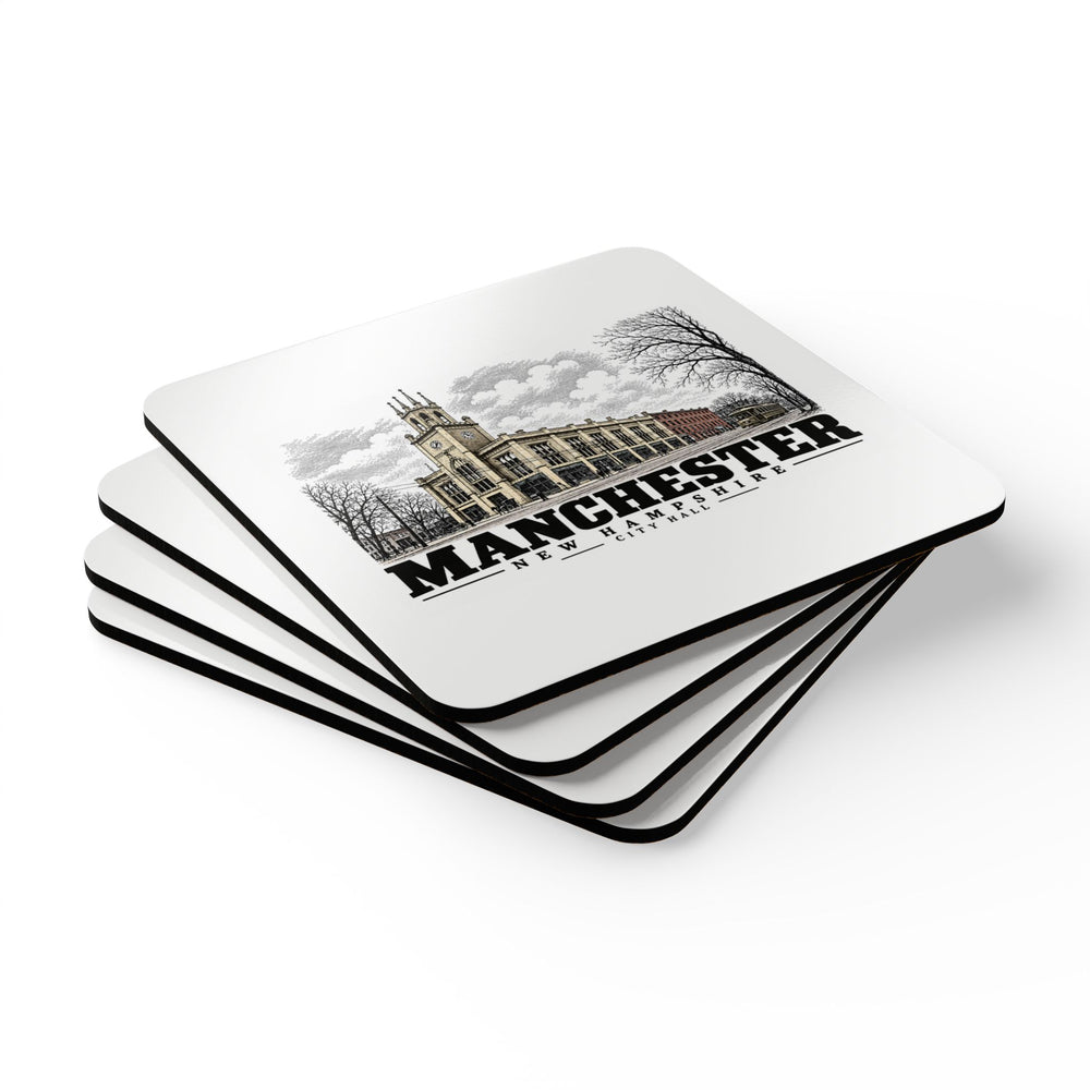Stack of four coasters of City Hall square cork-backed coaster set, Manchester, New Hampshire.