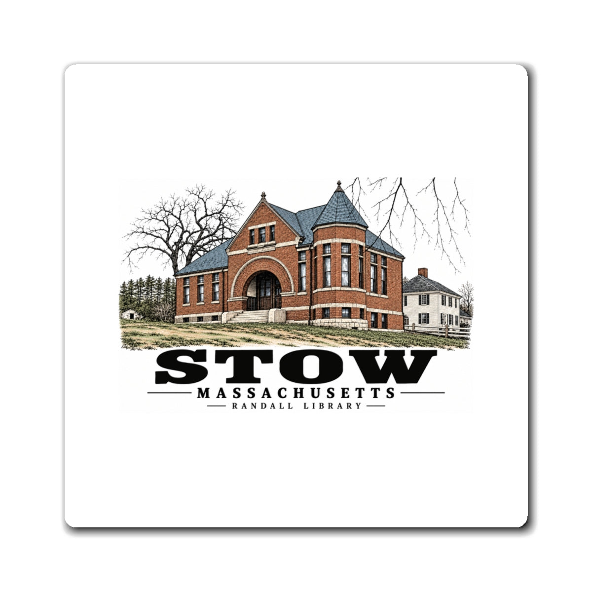 Illustrated Randall Library in Stow on square magnet