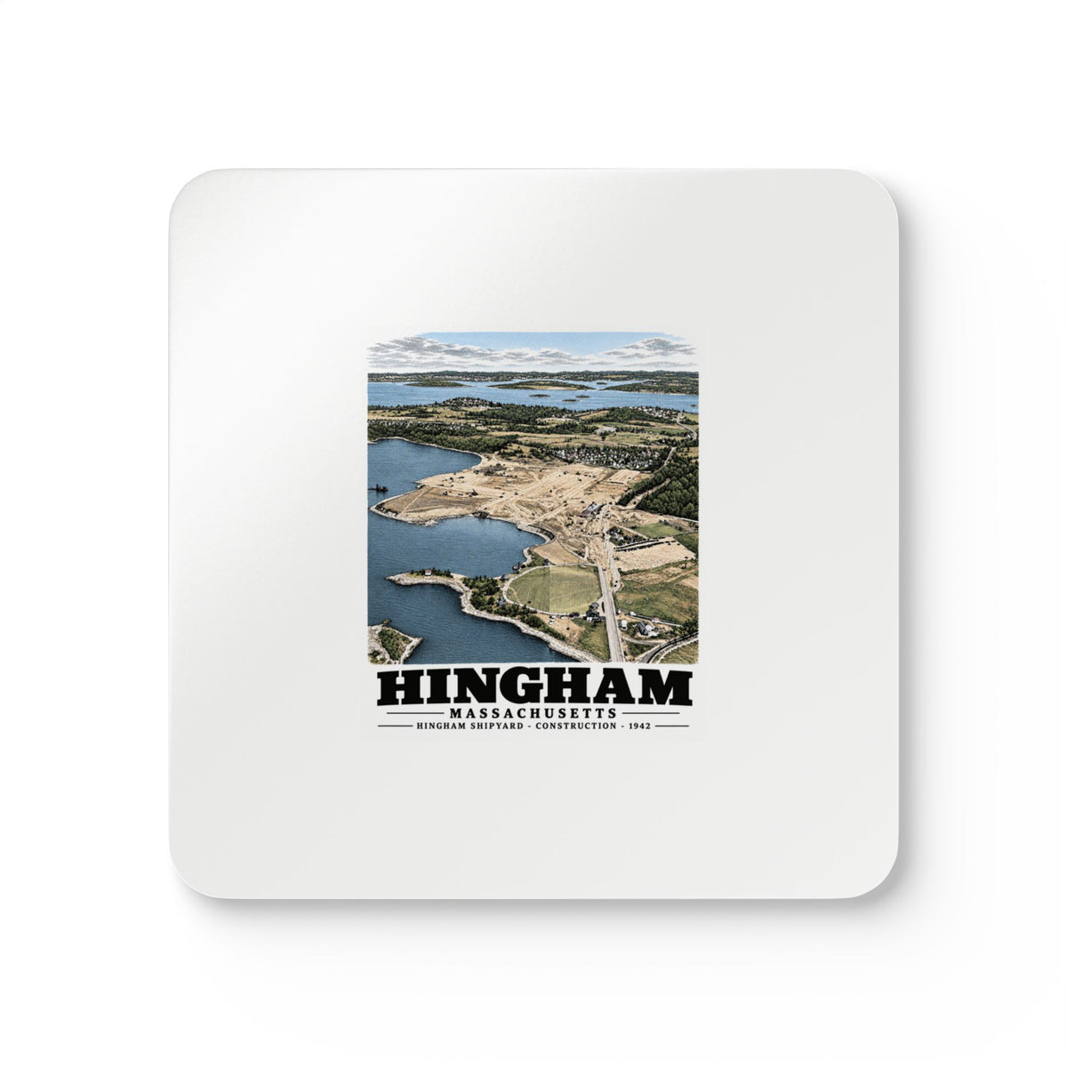 Illustrated Hingham Shipyard Construction in Hingham on corkwood coaster set
