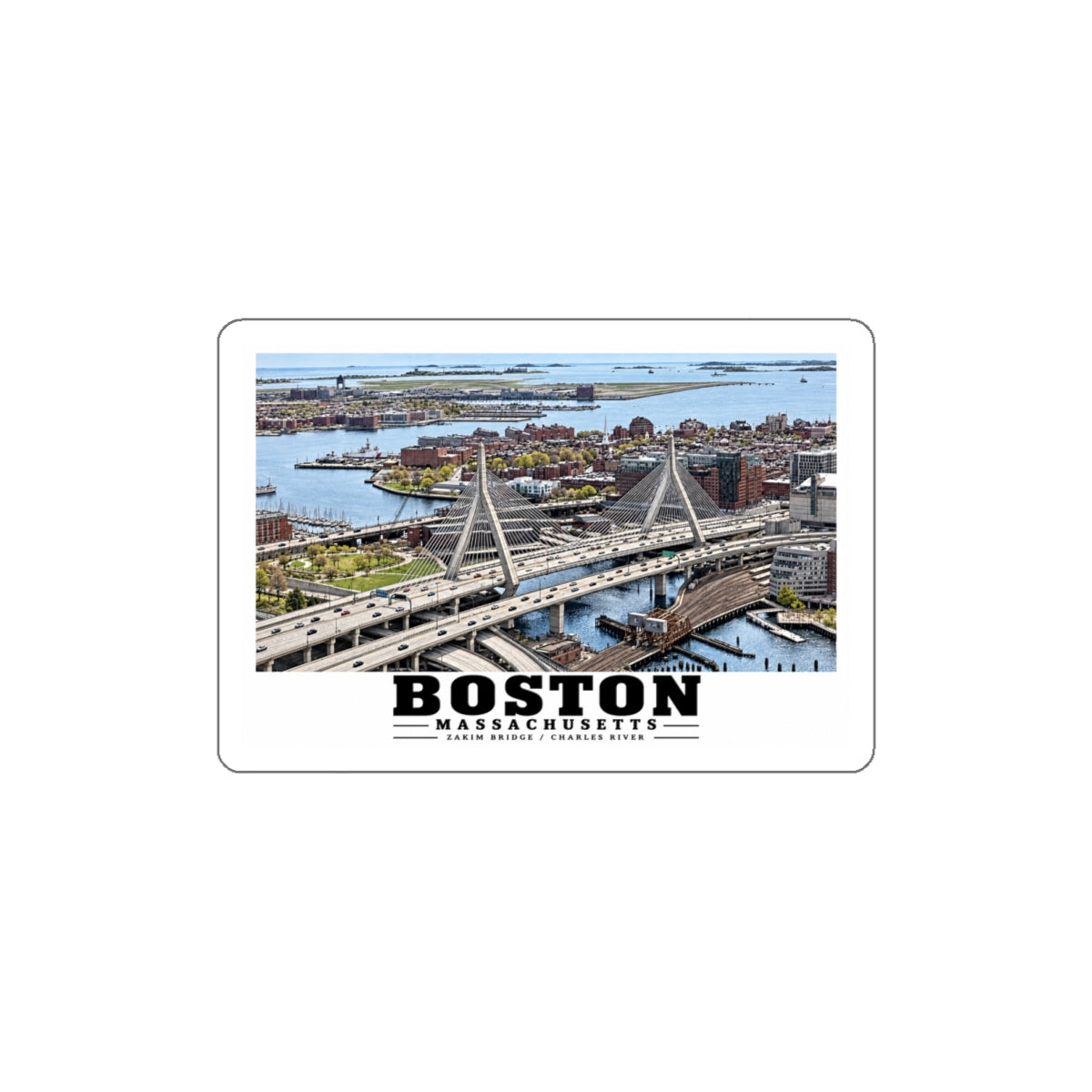 Aerial view of Boston with Zakim Bridge across Charles 4 in White Die-Cut Sticker - Charles River