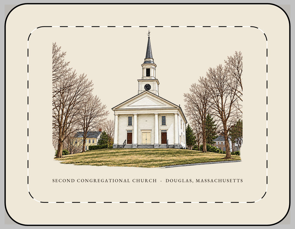 Douglas Second Congregational Church 13-inch laptop sleeve mockup showing the full illustrated print