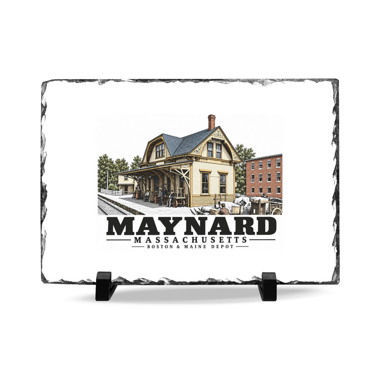 Illustrated Boston & Maine Depot in Maynard on slate desk plaque