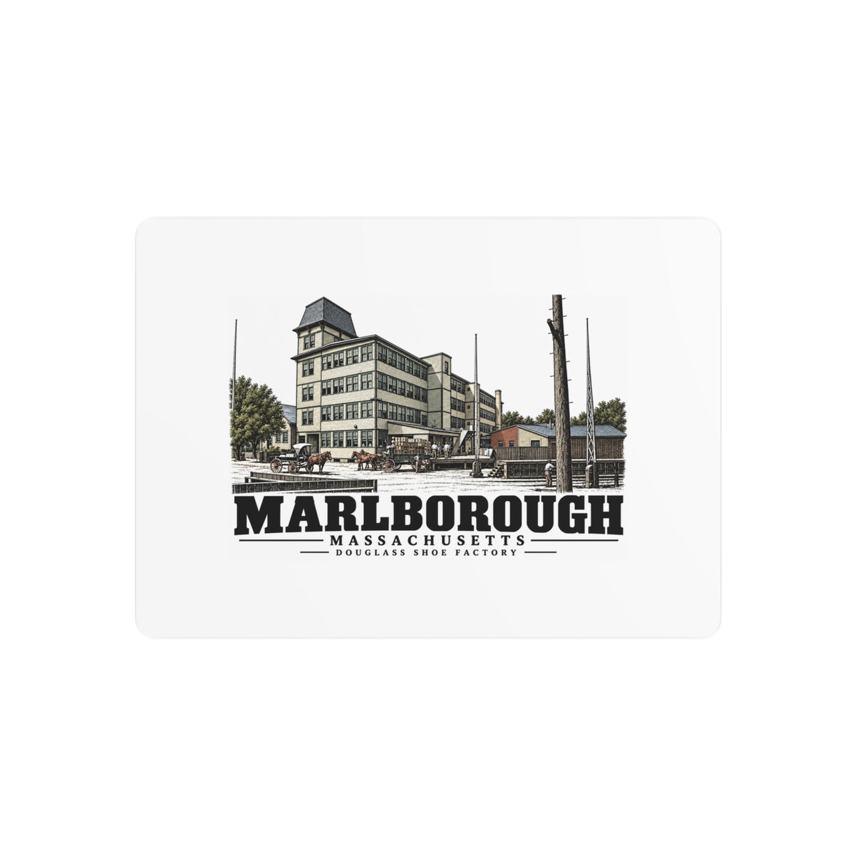 Illustrated Douglass Shoe Factory in Marlborough on metal art sign