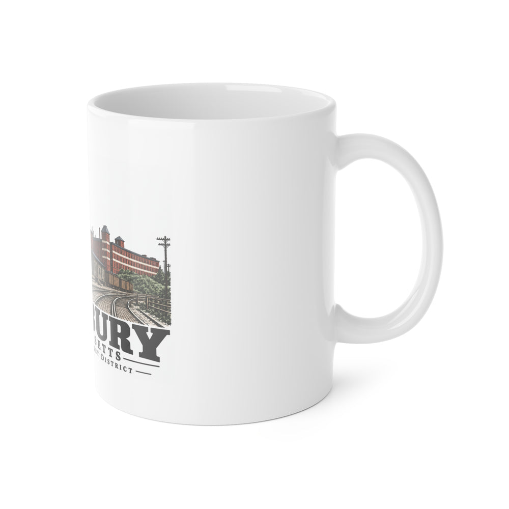Right-handle side view of Walker-Wells Factory District white ceramic mug, Amesbury, Massachusetts.