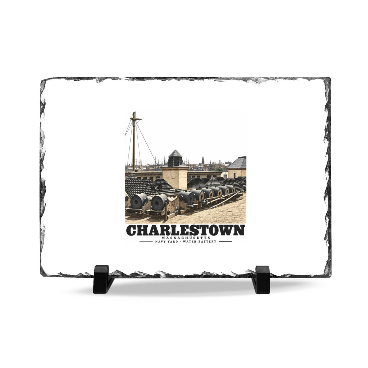 Front of 11 x 7 inch slate plaque with Water Battery artwork and Charlestown lettering