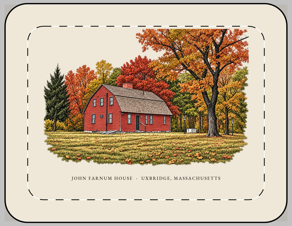 Uxbridge John Farnum House 13-inch laptop sleeve mockup showing the full illustrated print