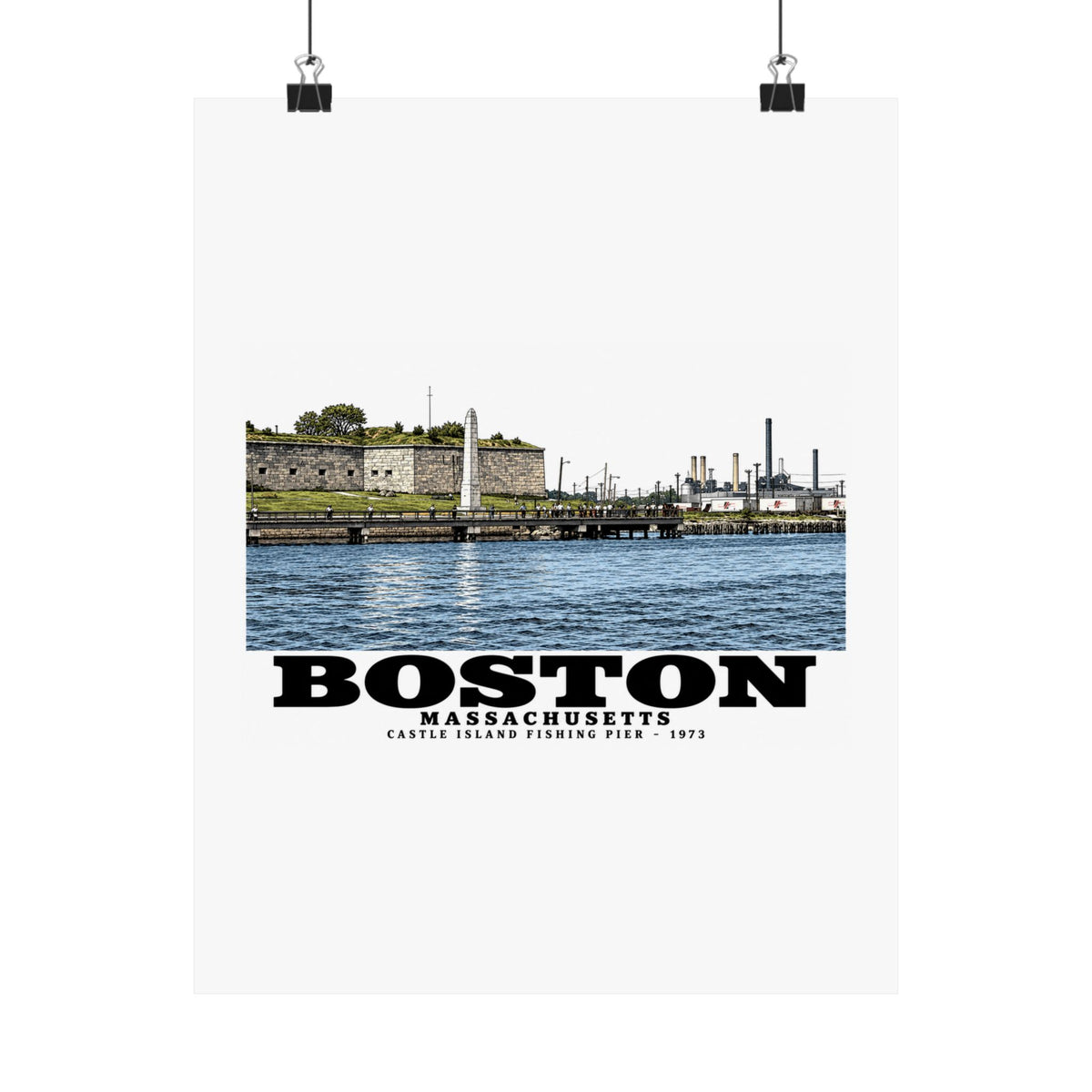 Hanging unframed matte poster with Castle Island fishing pier and Boston Massachusetts 1973 lettering