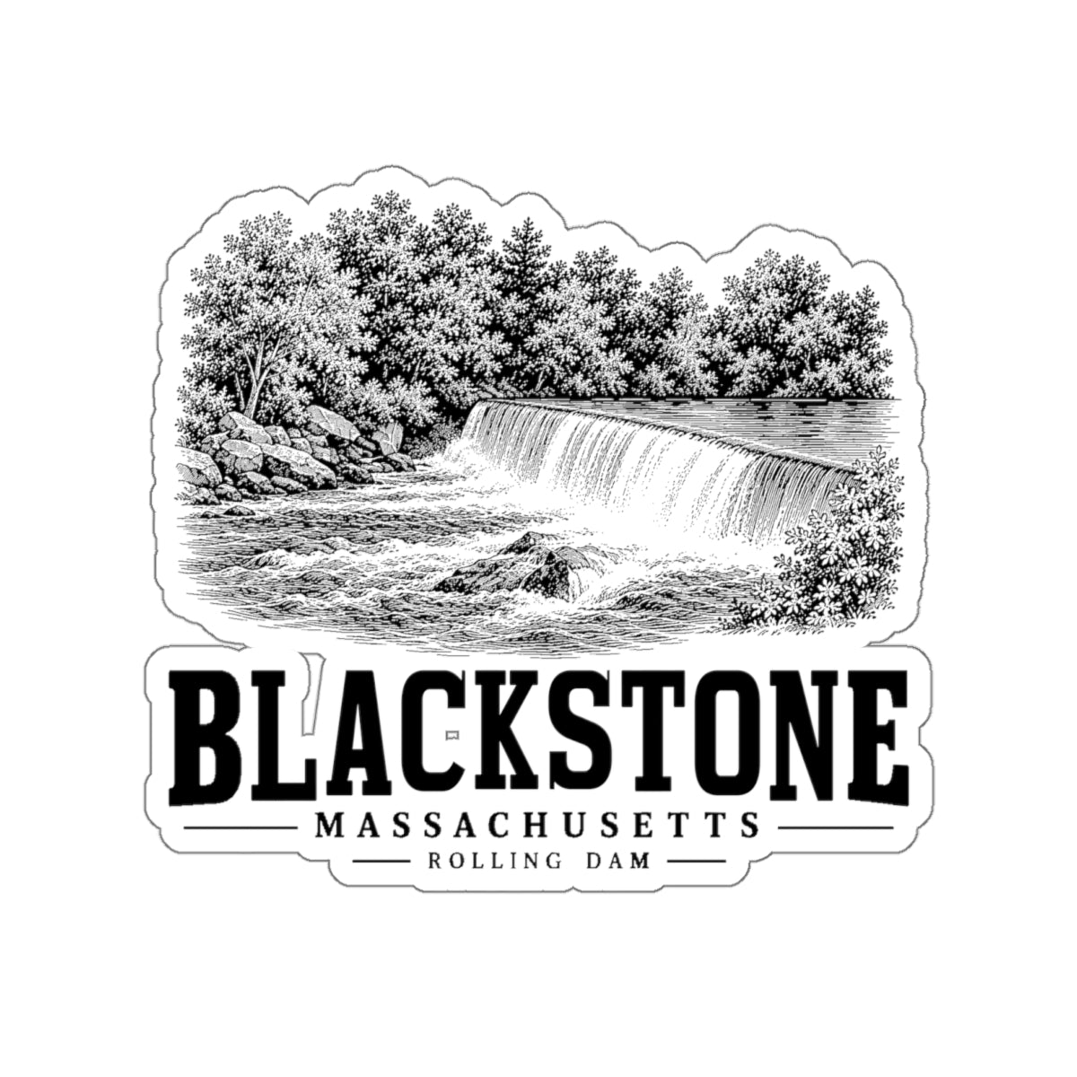 Blackstone Rolling Dam 4 in Die-Cut Sticker in White — front view