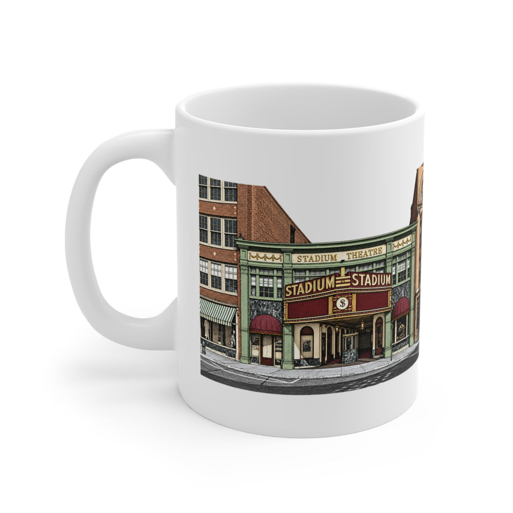 Woonsocket Stadium Theatre 11 oz ceramic mug — artwork view, handle left — Familiar History