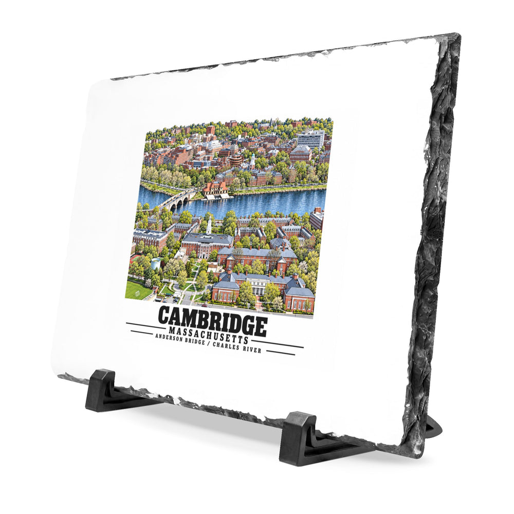 Illustrated Aerial view of Cambridge with Charles River past Harvard University in Cambridge and Boston on slate desk plaque