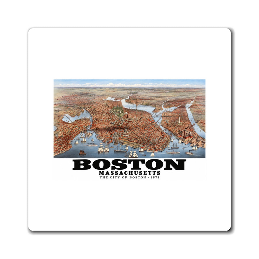 White rectangular magnet showing historic Boston city and waterways bird-eye panorama artwork and Boston lettering