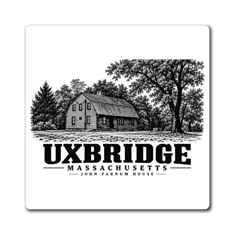 Front view of the Uxbridge John Farnum House 4-inch square magnet with design
