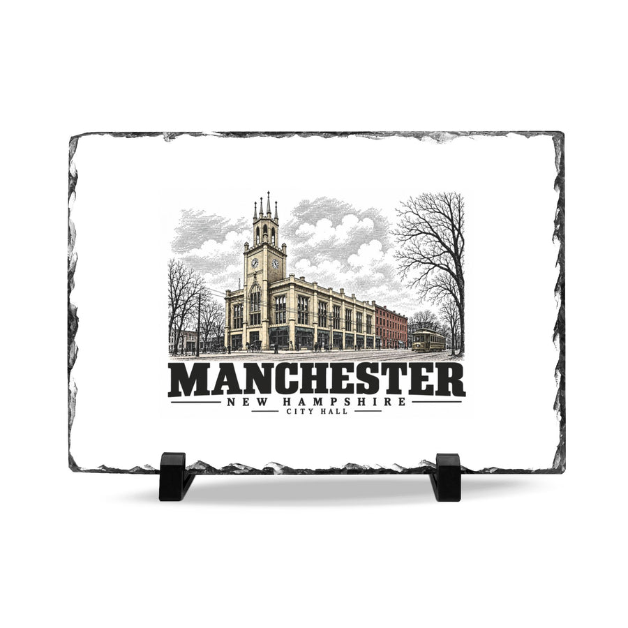 Illustrated Manchester City Hall in Manchester on slate desk plaque