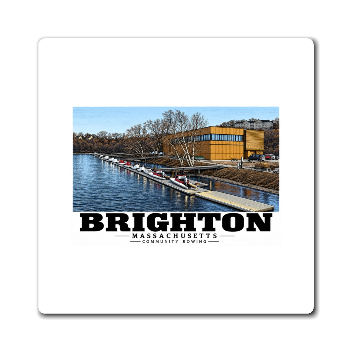 White rectangular magnet showing Community Rowing building, dock and boats artwork and Brighton lettering
