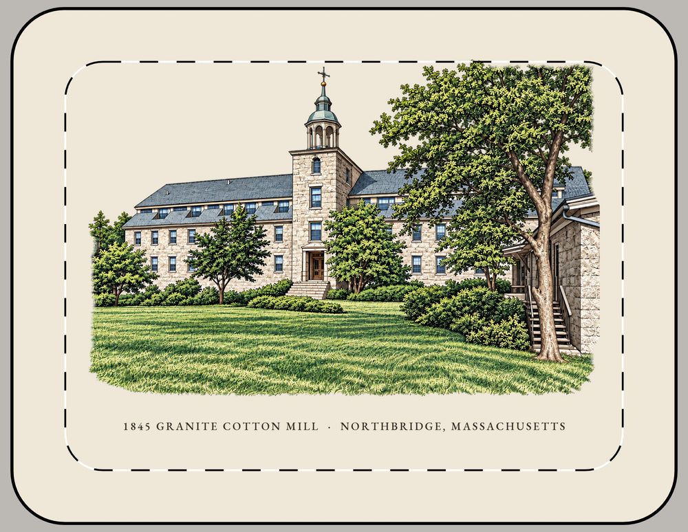 Northbridge 1845 Granite Cotton Mill 15-inch laptop sleeve mockup showing the full illustrated print