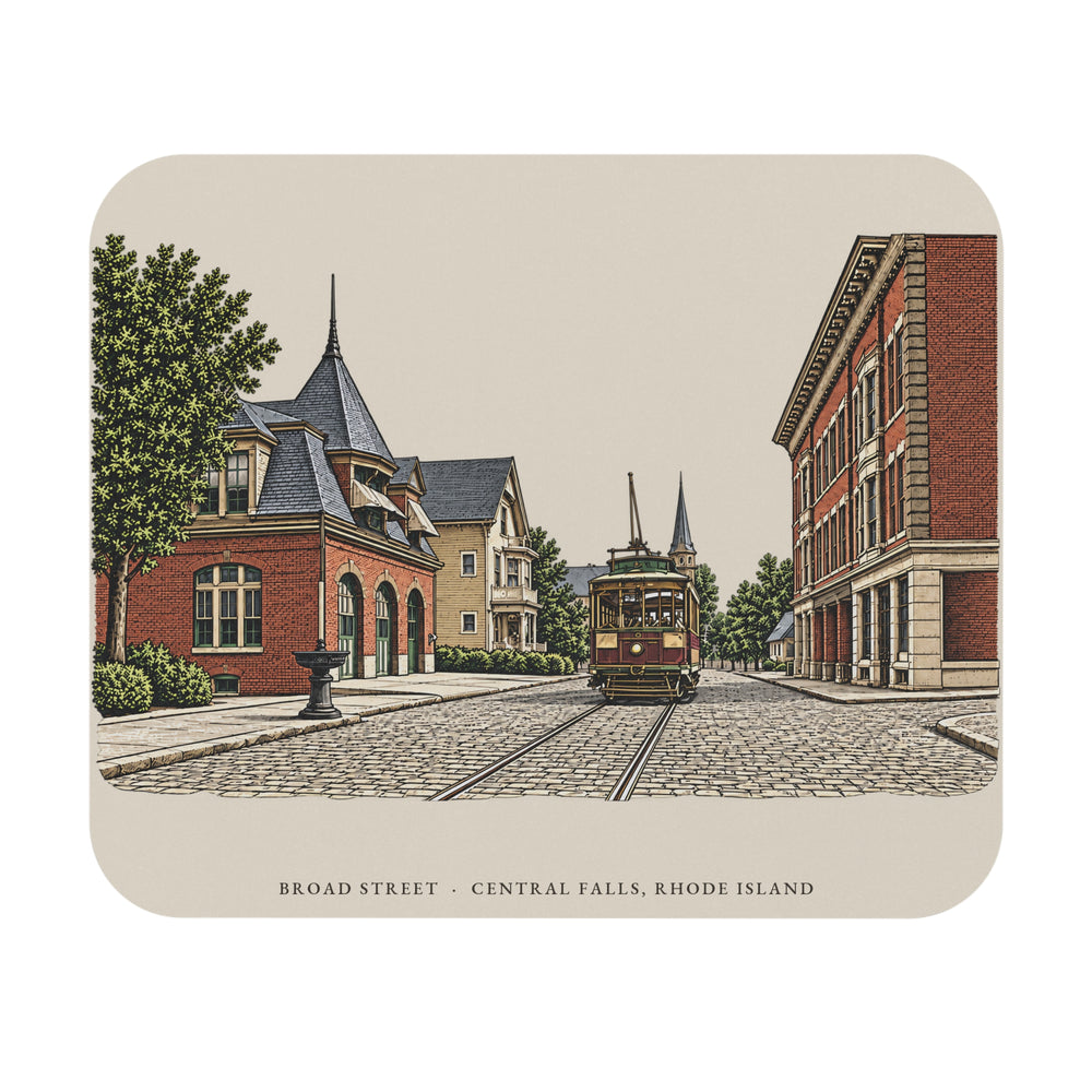 Central Falls Broad Street mouse pad mockup showing the full illustrated print