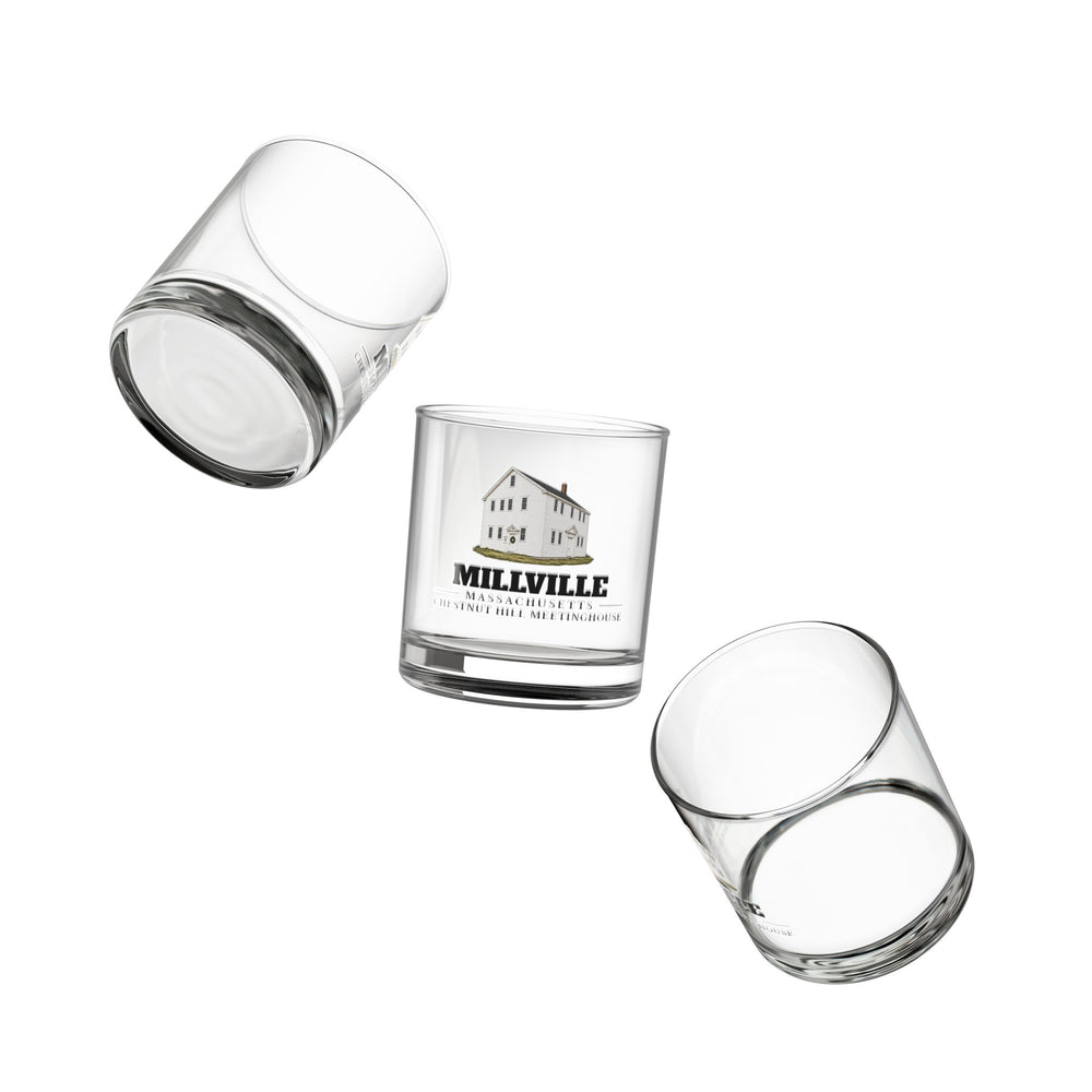 Angled view of Millville Chestnut Hill Meetinghouse 10 oz Rocks Glass