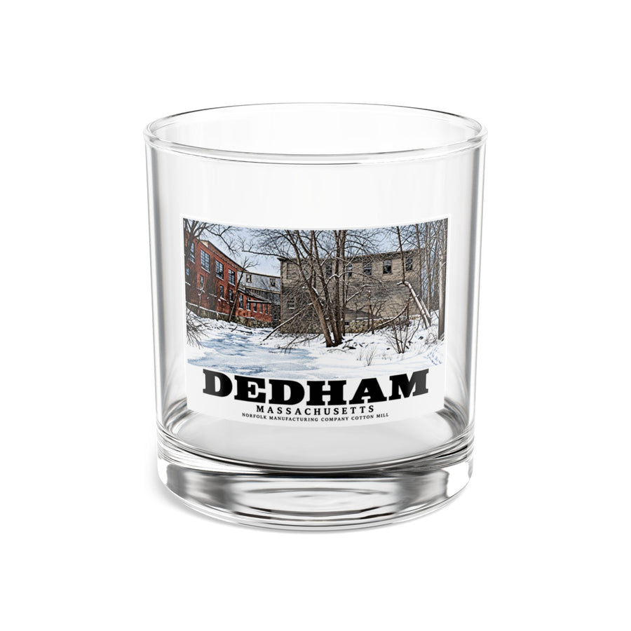 Illustrated Norfolk Manufacturing Company Cotton Mill in Dedham on rocks glass