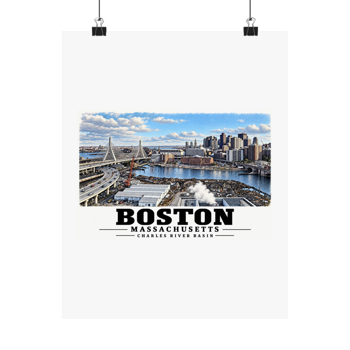 Boston skyline, cable-stayed bridge and Charles River basin poster with Boston lettering hanging from two binder clips