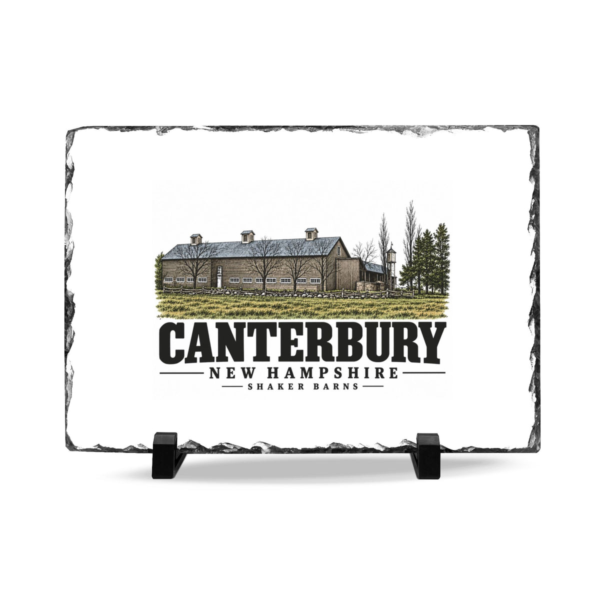 Front on black stands of Shaker Barns slate desk plaque, Canterbury, New Hampshire.