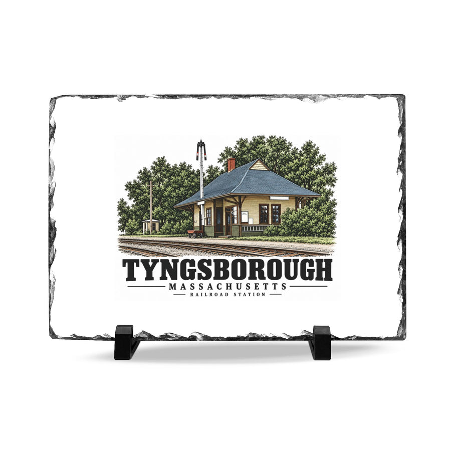 Illustrated Tyngsboro railroad station in Tyngsborough on slate desk plaque