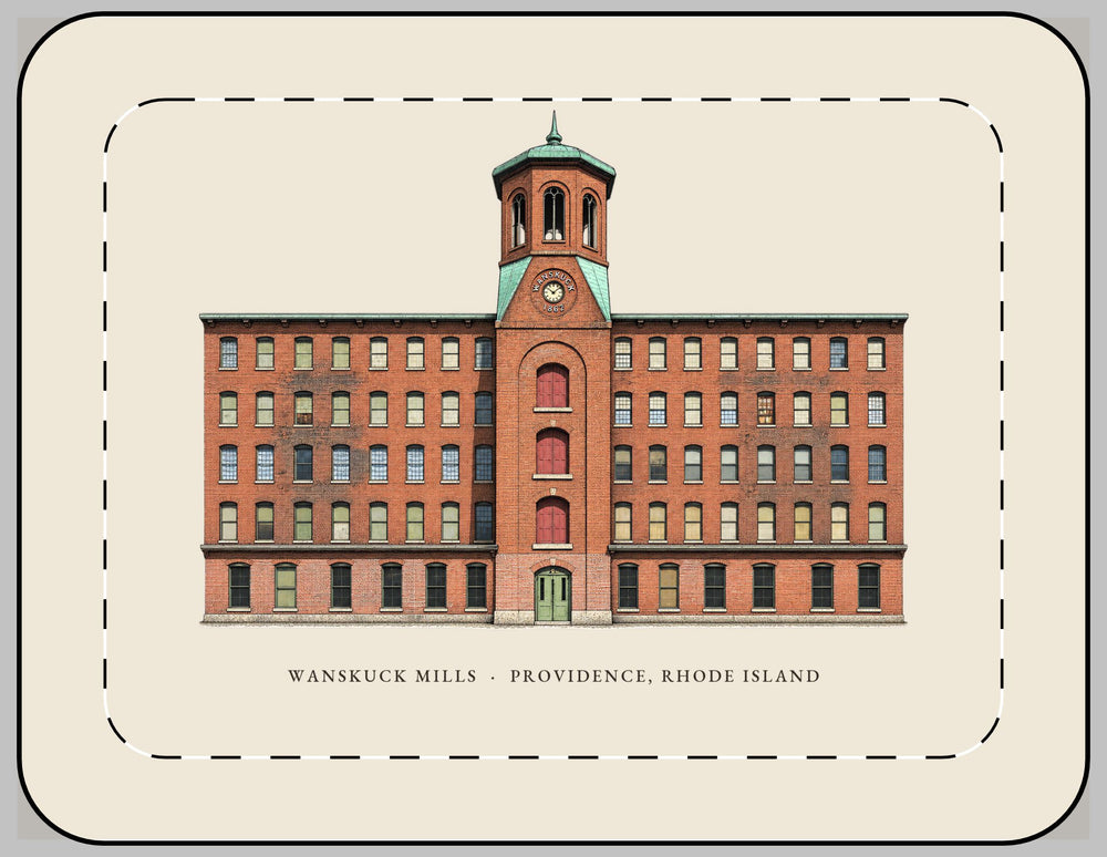 Providence Wanskuck Mills 13-inch laptop sleeve mockup showing the full illustrated print
