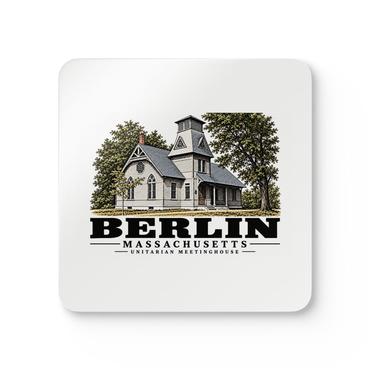 Illustrated Unitarian Meetinghouse in Berlin on corkwood coaster set